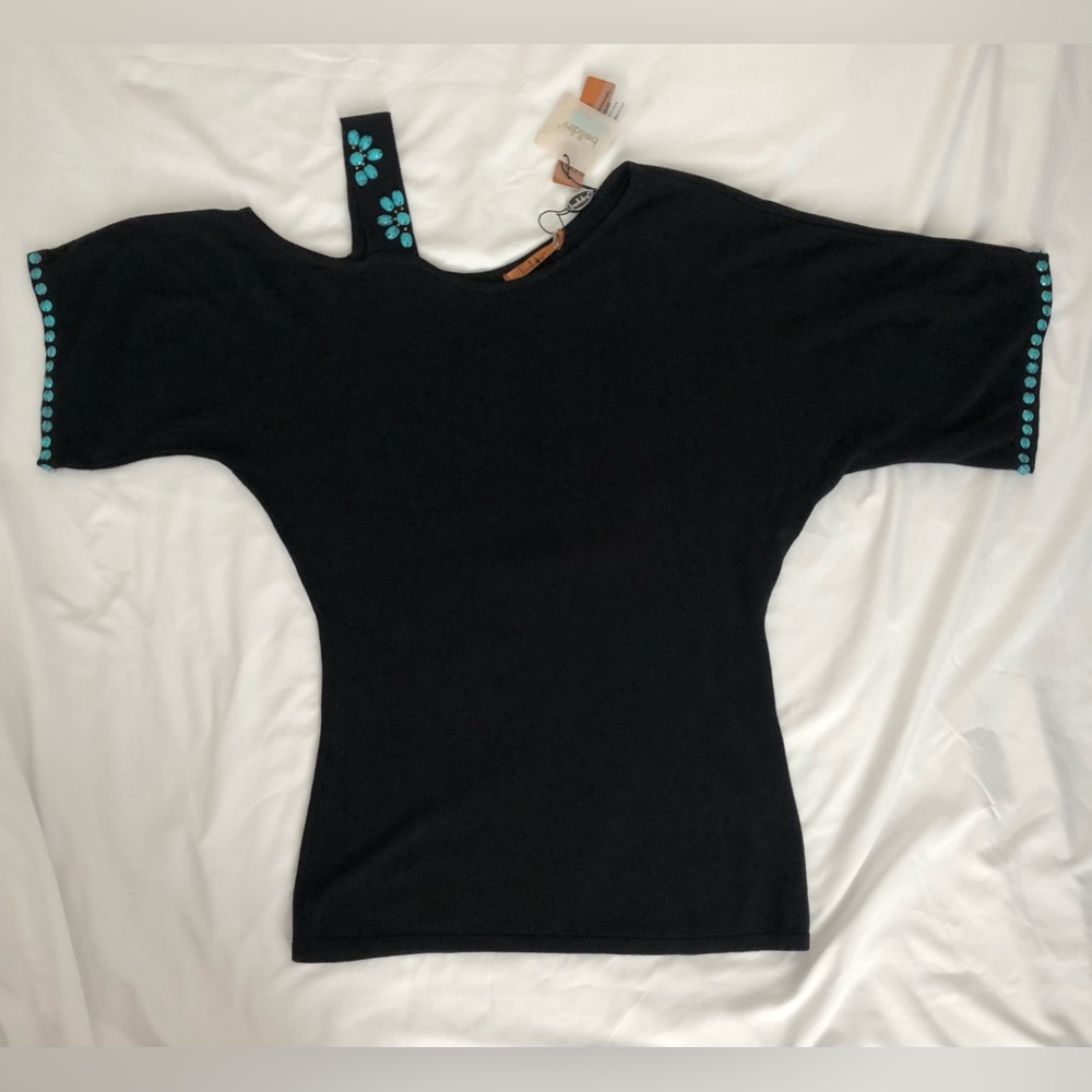 Belldini Black Tunic Top with Teal Dot Accents